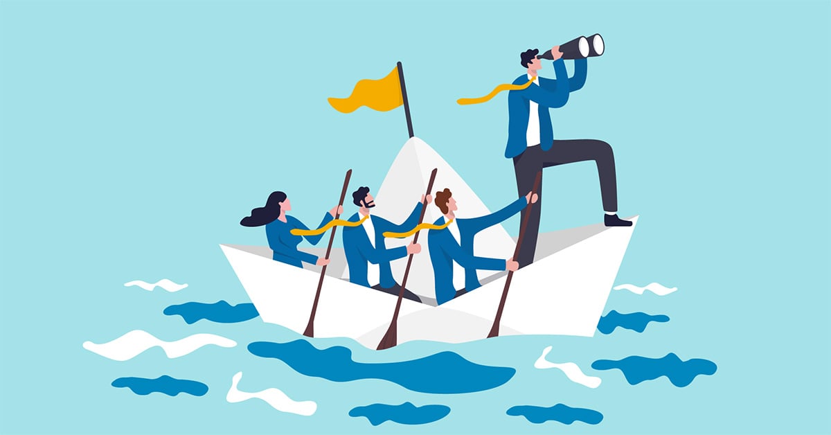 Illustration av fyra människor som seglar en båt tillsammans